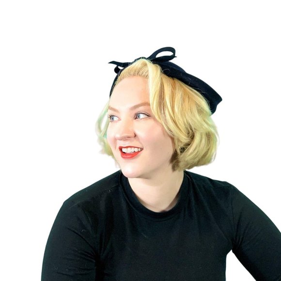 Vintage 1950s Wool Beret Navy Blue Bow Hat - Picture 8 of 10